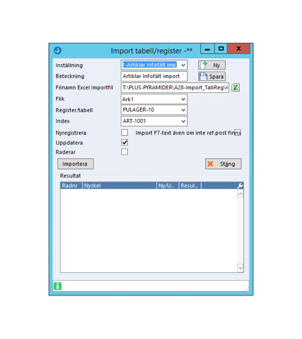 Import tabell register Pyramid Proclient